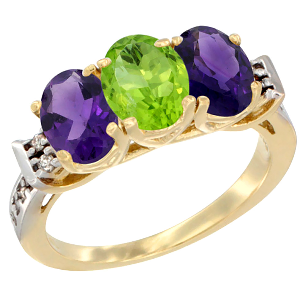 14K Yellow Gold Natural Peridot &amp; Amethyst Sides Ring 3-Stone 7x5 mm Oval Diamond Accent, sizes 5 - 10