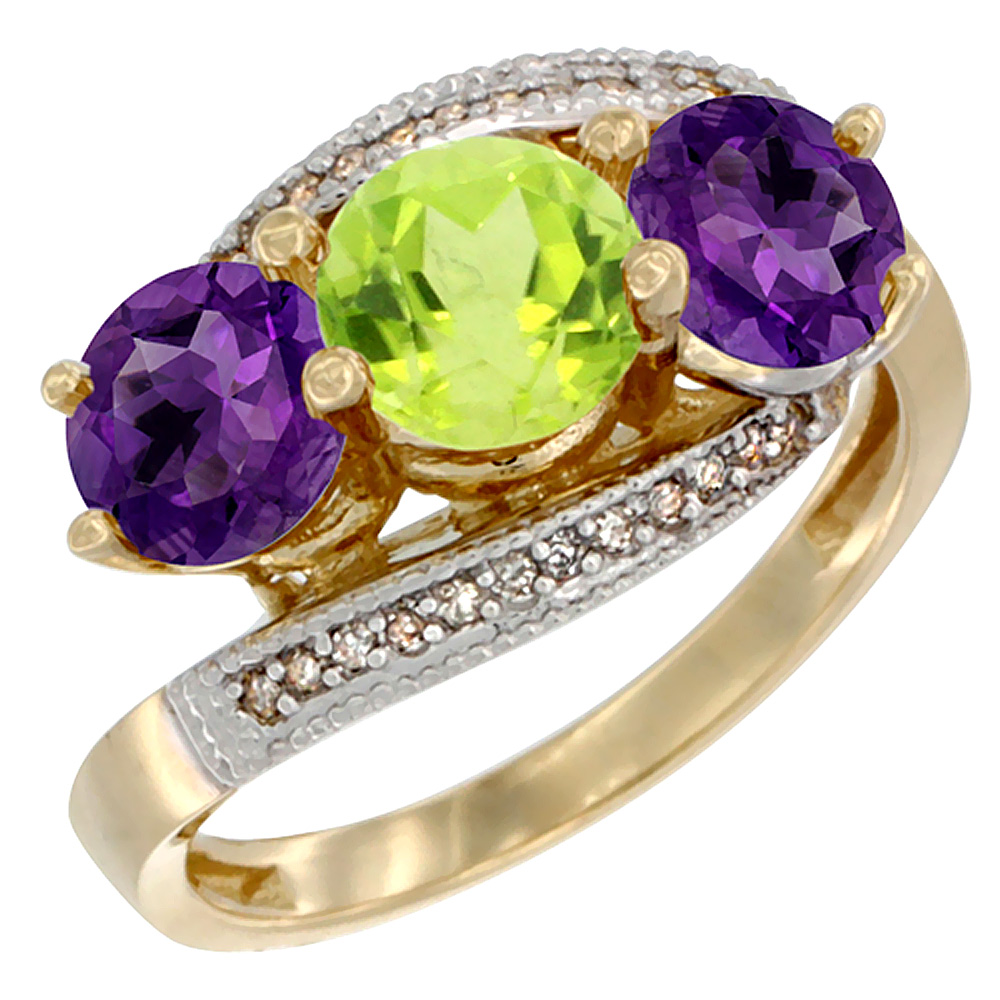 10K Yellow Gold Natural Peridot &amp; Amethyst Sides 3 stone Ring Round 6mm Diamond Accent, sizes 5 - 10