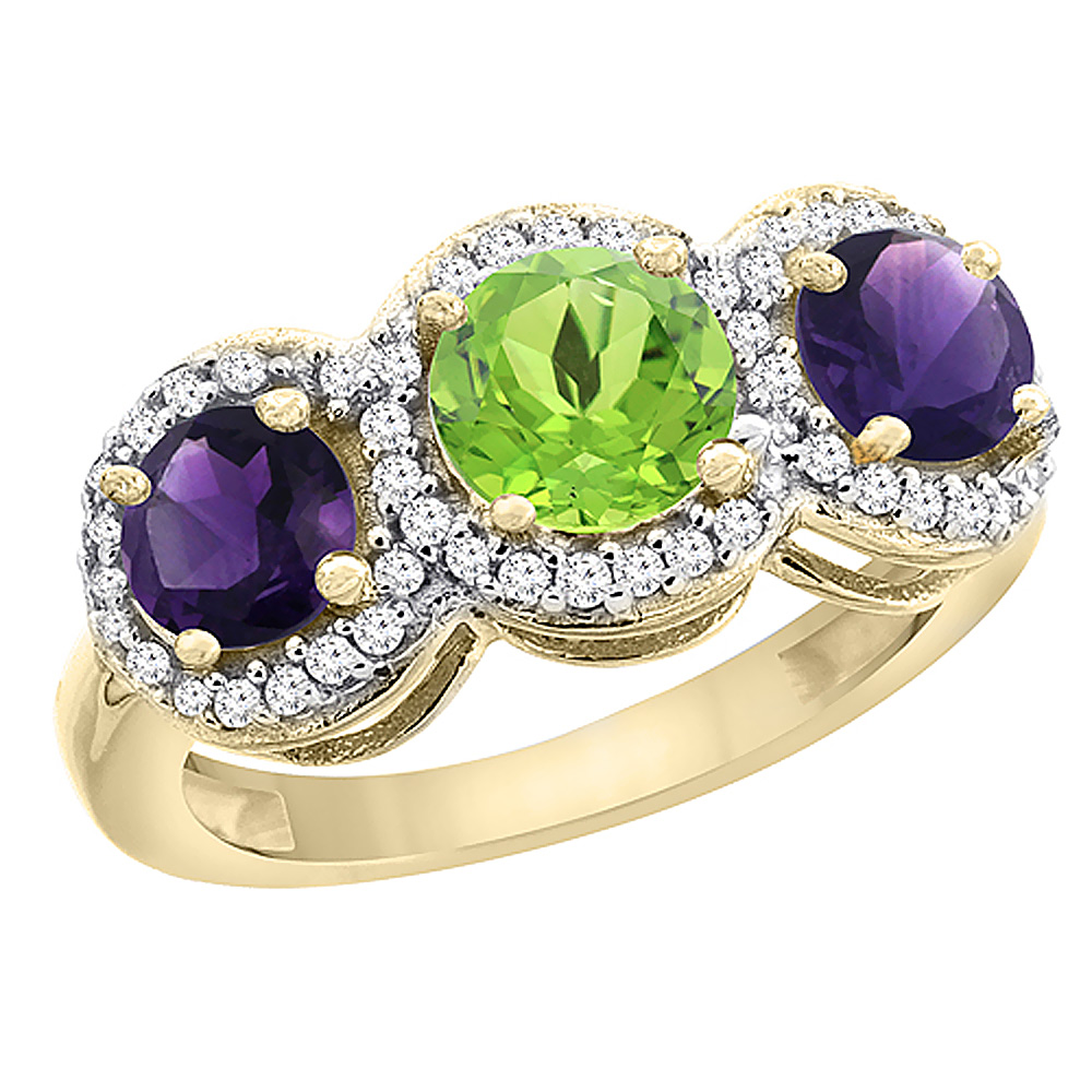 10K Yellow Gold Natural Peridot &amp; Amethyst Sides Round 3-stone Ring Diamond Accents, sizes 5 - 10