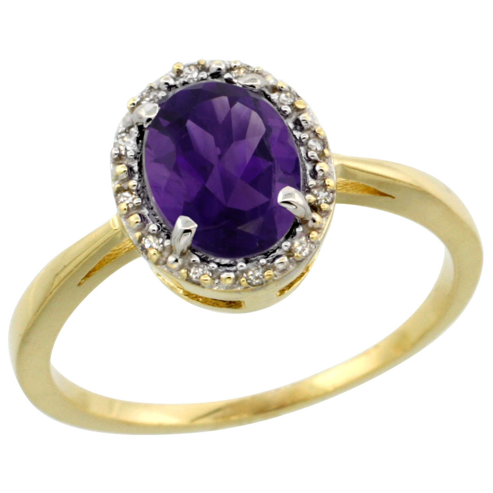 14K Yellow Gold Natural Amethyst Ring Oval 8x6 mm Diamond Halo, sizes 5-10