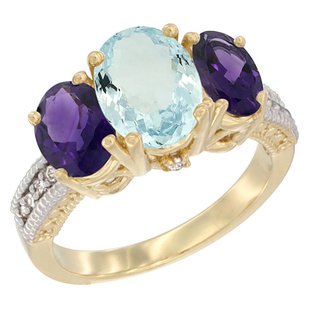 14K Yellow Gold Diamond Natural Aquamarine Ring 3-Stone Oval 8x6mm with Amethyst, sizes5-10