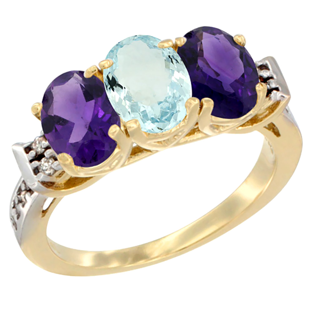 14K Yellow Gold Natural Aquamarine &amp; Amethyst Sides Ring 3-Stone 7x5 mm Oval Diamond Accent, sizes 5 - 10