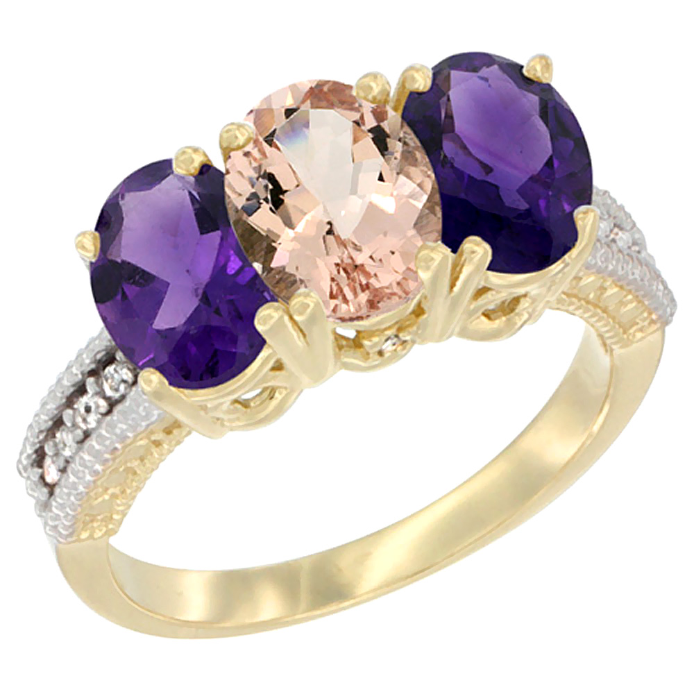 14K Yellow Gold Natural Morganite &amp; Amethyst Ring 3-Stone 7x5 mm Oval Diamond Accent, sizes 5 - 10