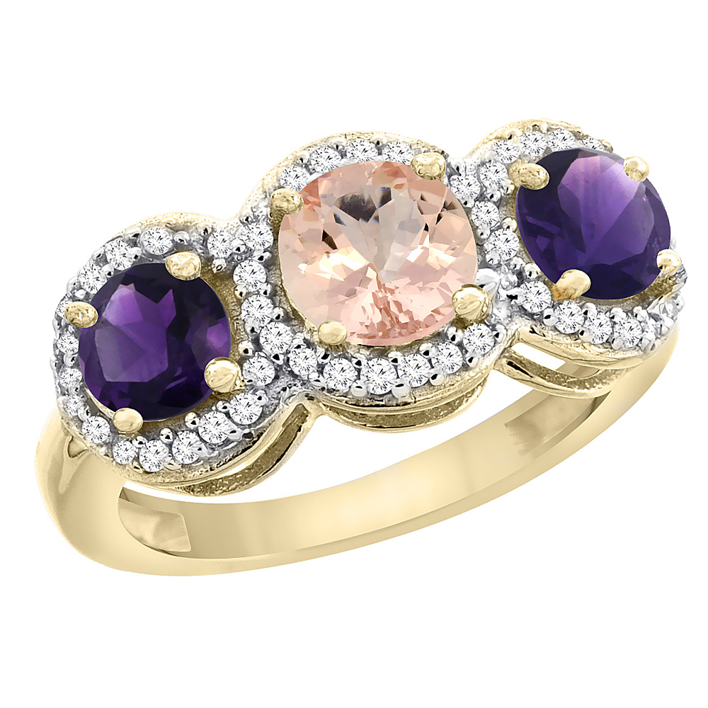 14K Yellow Gold Natural Morganite &amp; Amethyst Sides Round 3-stone Ring Diamond Accents, sizes 5 - 10