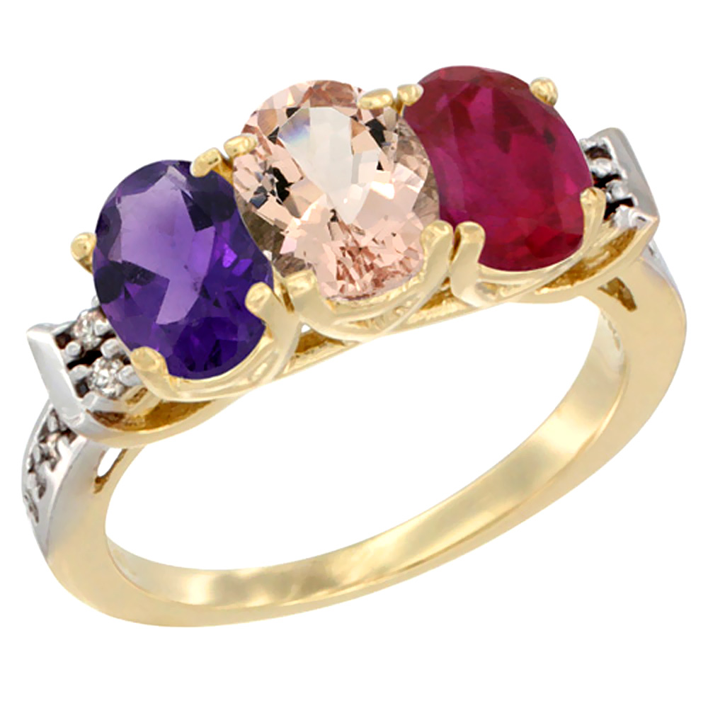 14K Yellow Gold Natural Amethyst, Morganite &amp; Enhanced Ruby Ring 3-Stone 7x5 mm Oval Diamond Accent, sizes 5 - 10