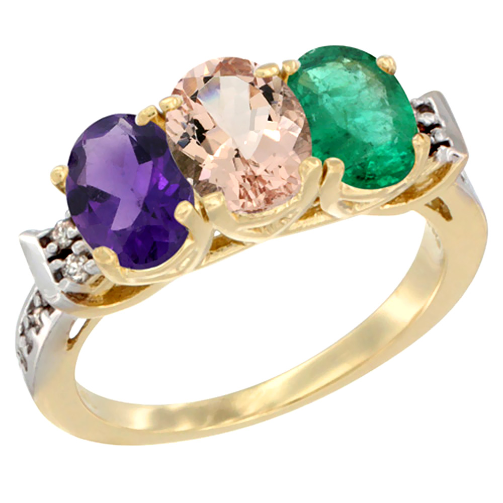 10K Yellow Gold Natural Amethyst, Morganite &amp; Emerald Ring 3-Stone Oval 7x5 mm Diamond Accent, sizes 5 - 10