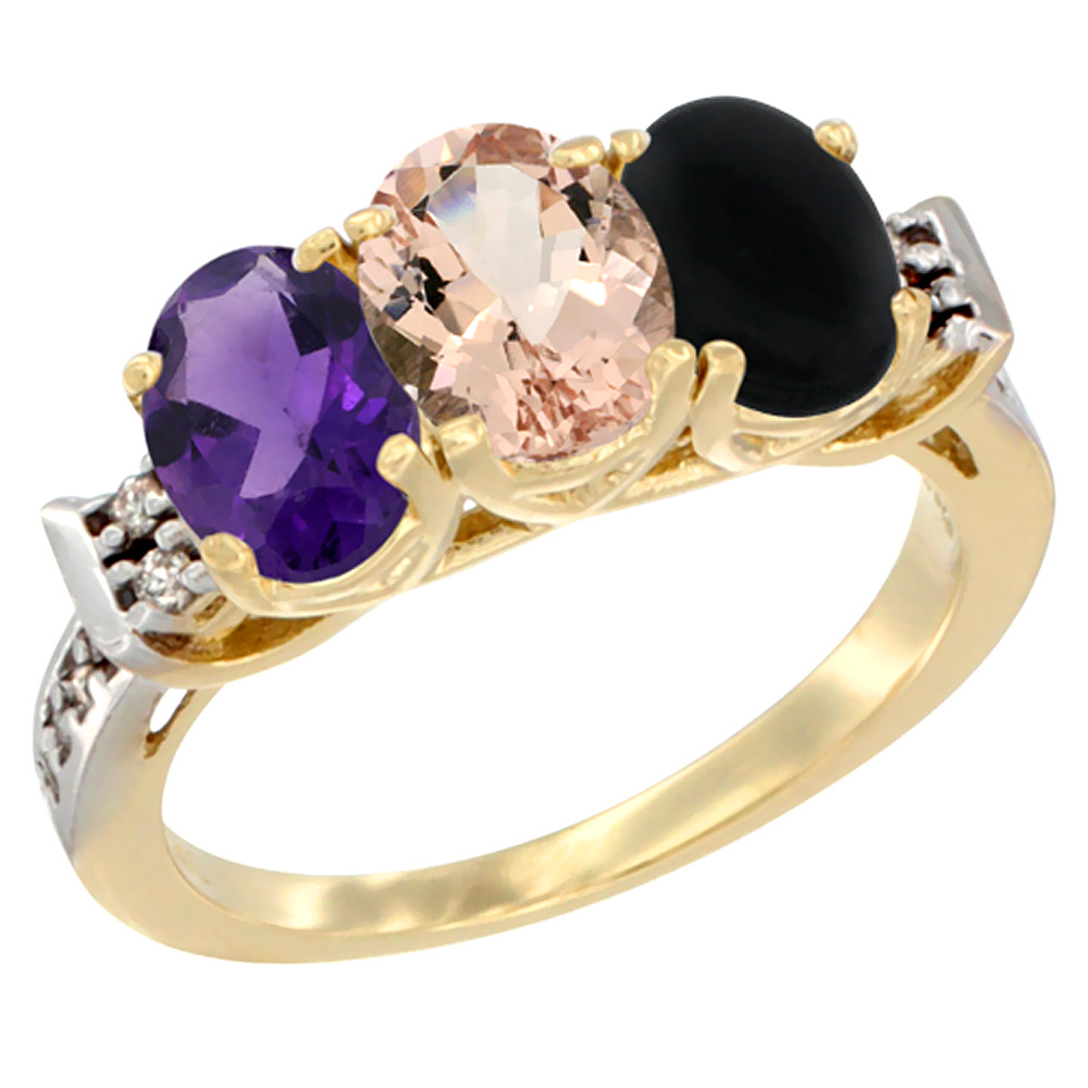 10K Yellow Gold Natural Amethyst, Morganite &amp; Black Onyx Ring 3-Stone Oval 7x5 mm Diamond Accent, sizes 5 - 10