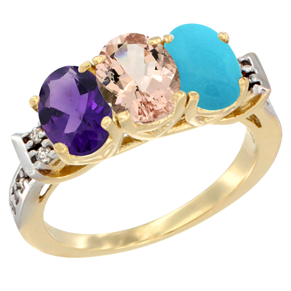 14K Yellow Gold Natural Amethyst, Morganite &amp; Turquoise Ring 3-Stone 7x5 mm Oval Diamond Accent, sizes 5 - 10