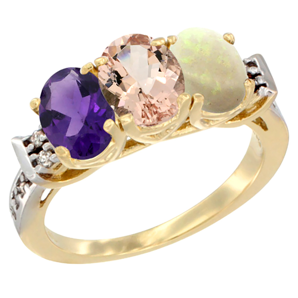 14K Yellow Gold Natural Amethyst, Morganite &amp; Opal Ring 3-Stone 7x5 mm Oval Diamond Accent, sizes 5 - 10