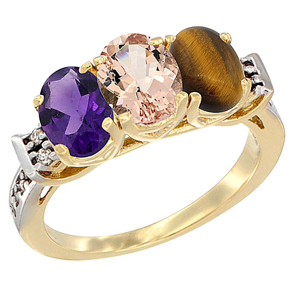 10K Yellow Gold Natural Amethyst, Morganite &amp; Tiger Eye Ring 3-Stone Oval 7x5 mm Diamond Accent, sizes 5 - 10