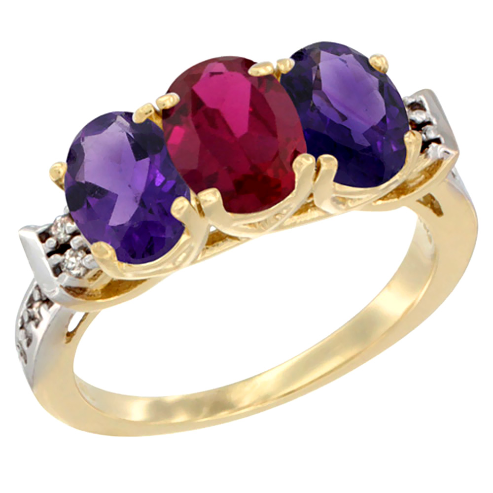 14K Yellow Gold Enhanced Ruby &amp; Natural Amethyst Sides Ring 3-Stone 7x5 mm Oval Diamond Accent, sizes 5 - 10