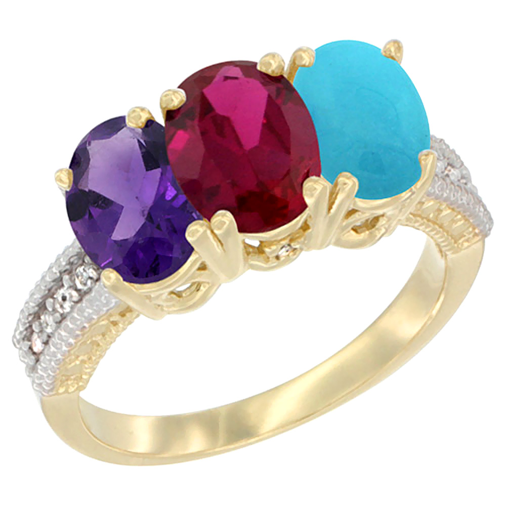 14K Yellow Gold Natural Amethyst, Enhanced Ruby &amp; Natural Turquoise Ring 3-Stone 7x5 mm Oval Diamond Accent, sizes 5 - 10
