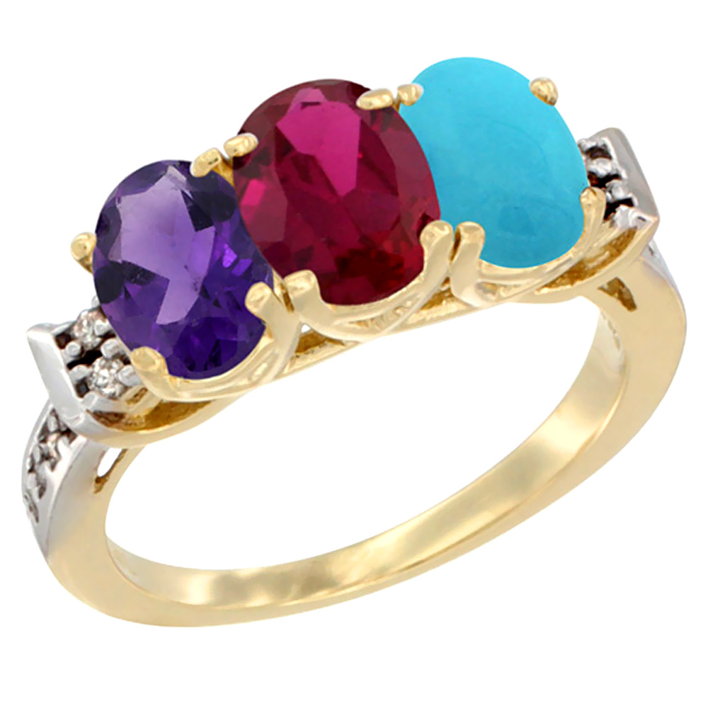 10K Yellow Gold Natural Amethyst, Enhanced Ruby &amp; Natural Turquoise Ring 3-Stone Oval 7x5 mm Diamond Accent, sizes 5 - 10