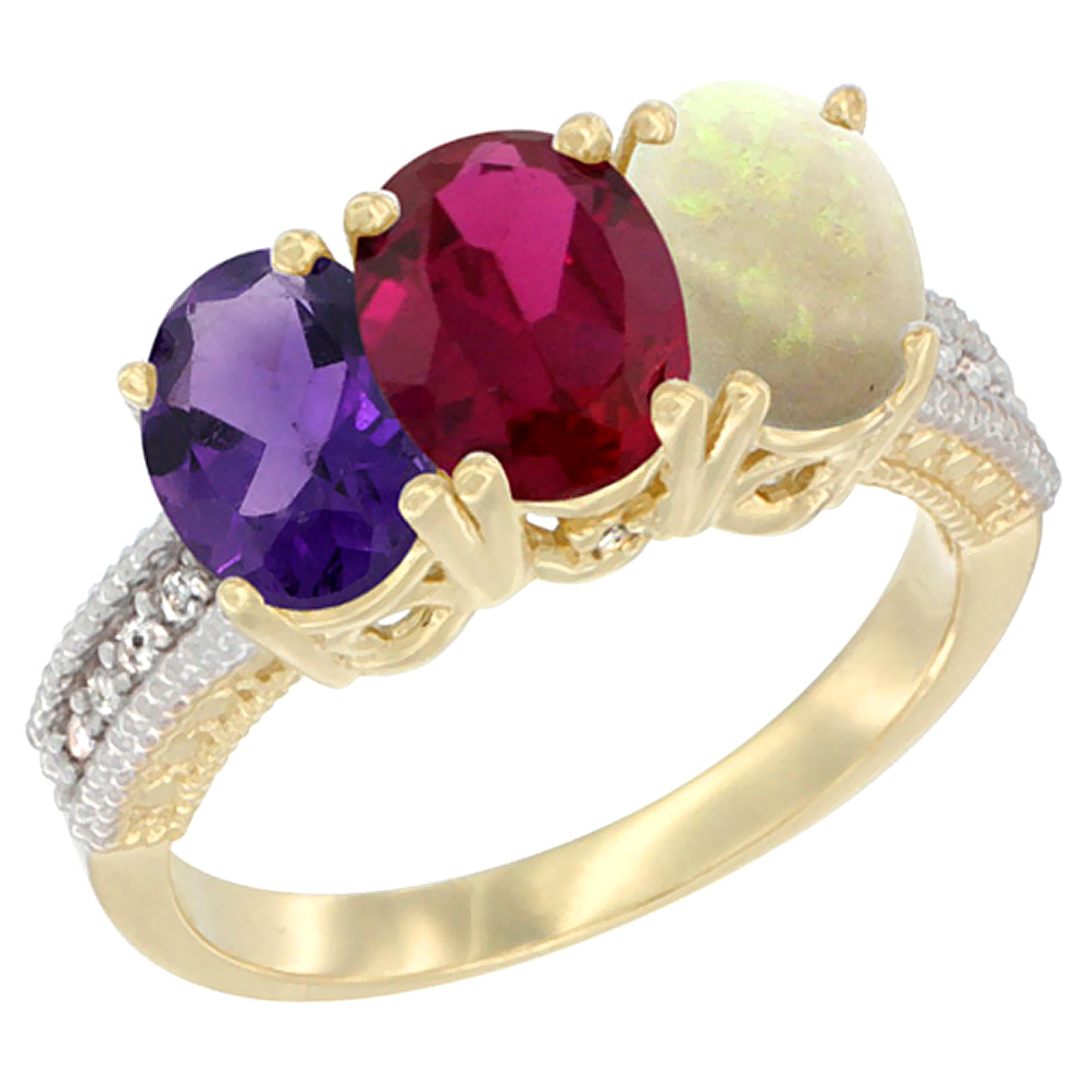 14K Yellow Gold Natural Amethyst, Enhanced Ruby &amp; Natural Opal Ring 3-Stone 7x5 mm Oval Diamond Accent, sizes 5 - 10