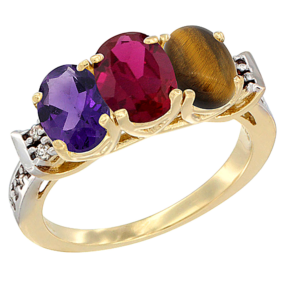 10K Yellow Gold Natural Amethyst, Enhanced Ruby &amp; Natural Tiger Eye Ring 3-Stone Oval 7x5 mm Diamond Accent, sizes 5 - 10