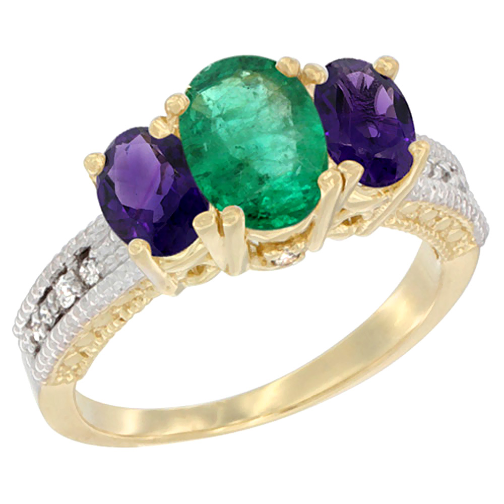 14K Yellow Gold Diamond Natural Emerald Ring Oval 3-stone with Amethyst, sizes 5 - 10