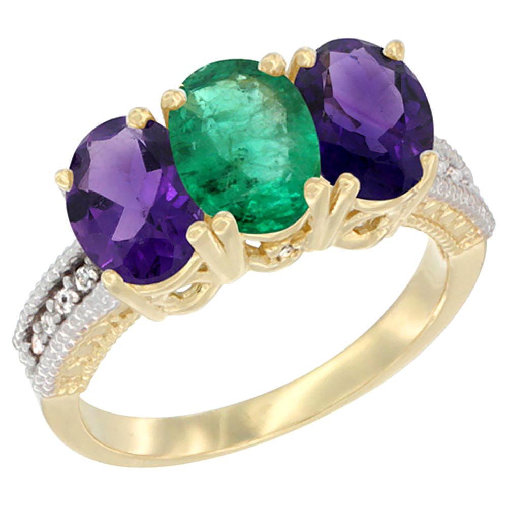 14K Yellow Gold Natural Emerald & Amethyst Ring 3-Stone 7x5 mm Oval Diamond Accent, sizes 5 - 10