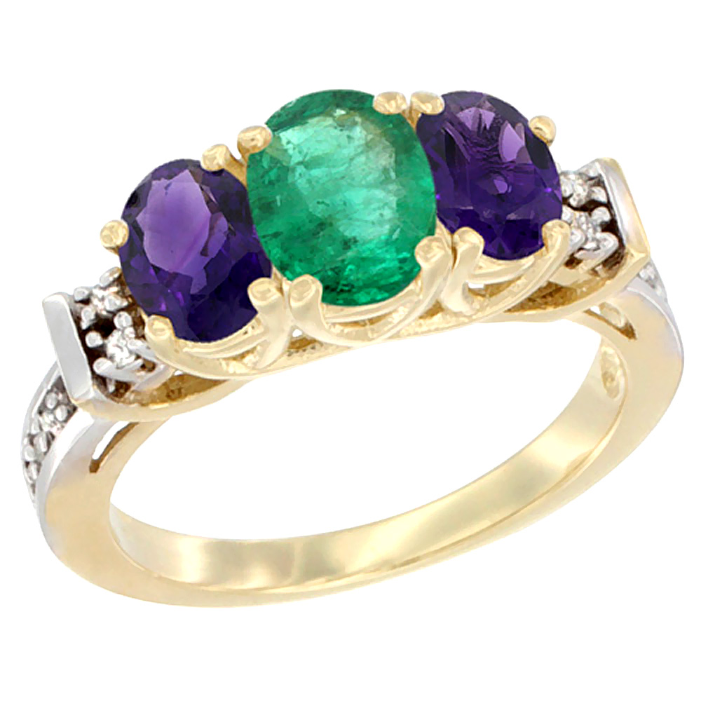 14K Yellow Gold Natural Emerald & Amethyst Ring 3-Stone Oval Diamond Accent