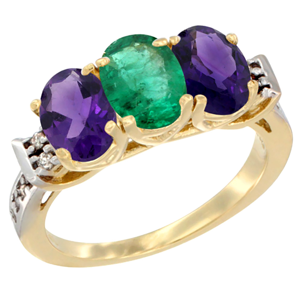 14K Yellow Gold Natural Emerald & Amethyst Sides Ring 3-Stone 7x5 mm Oval Diamond Accent, sizes 5 - 10