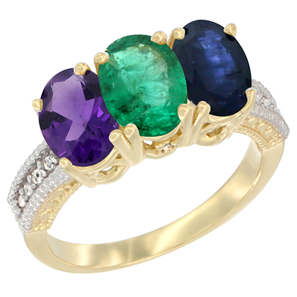 14K Yellow Gold Natural Amethyst, Emerald & Blue Sapphire Ring 3-Stone 7x5 mm Oval Diamond Accent, sizes 5 - 10