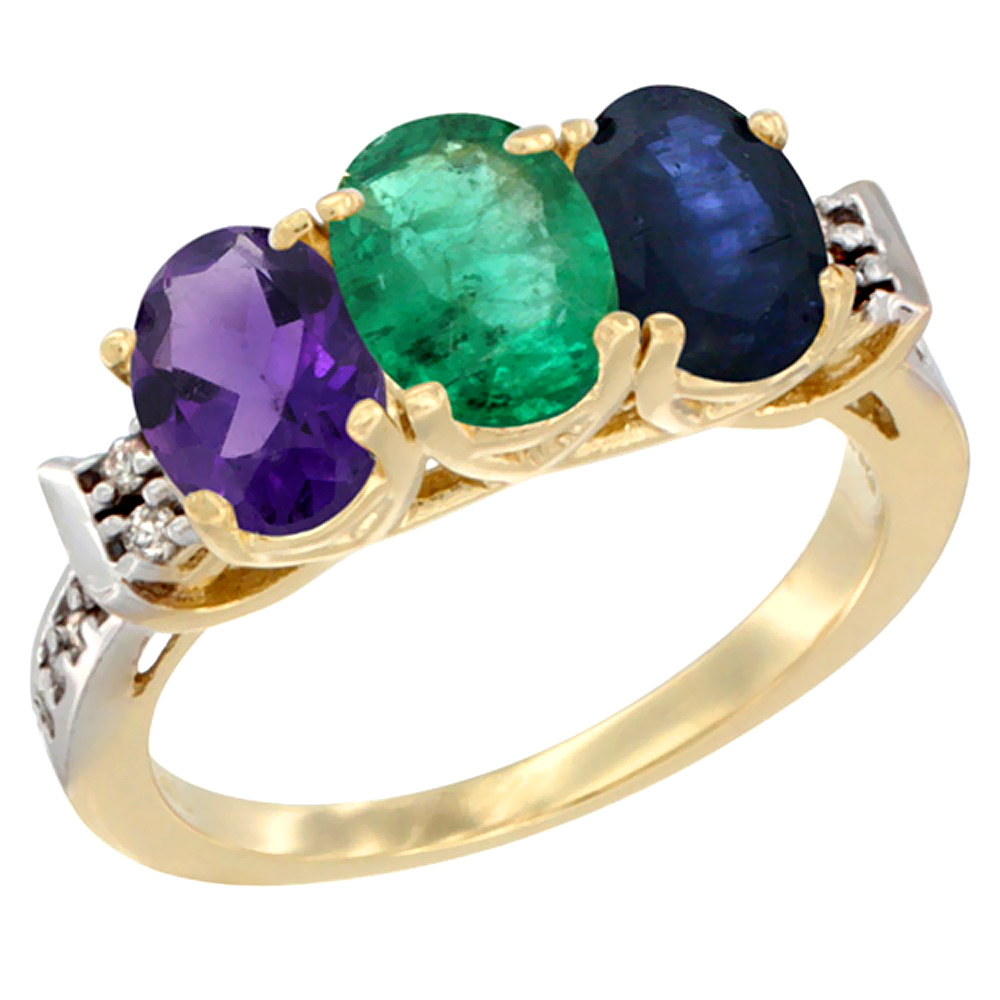 14K Yellow Gold Natural Amethyst, Emerald & Blue Sapphire Ring 3-Stone 7x5 mm Oval Diamond Accent, sizes 5 - 10