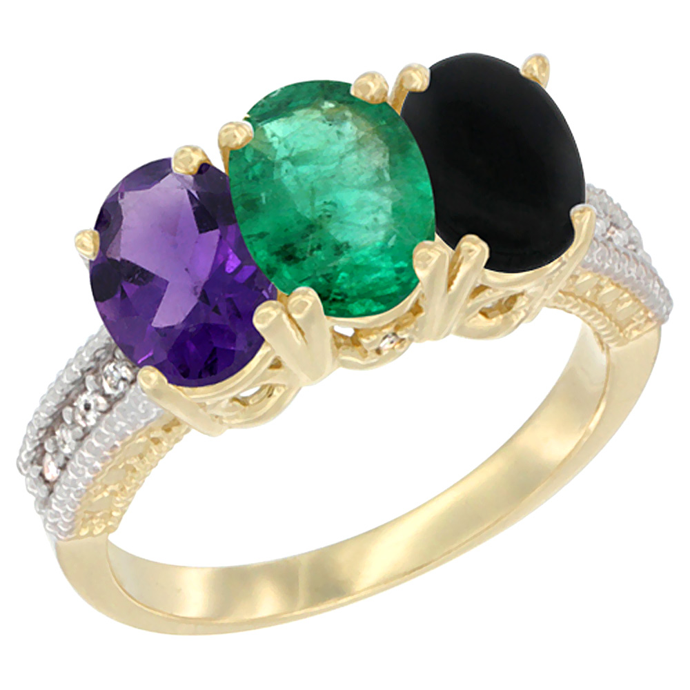 14K Yellow Gold Natural Amethyst, Emerald &amp; Black Onyx Ring 3-Stone 7x5 mm Oval Diamond Accent, sizes 5 - 10