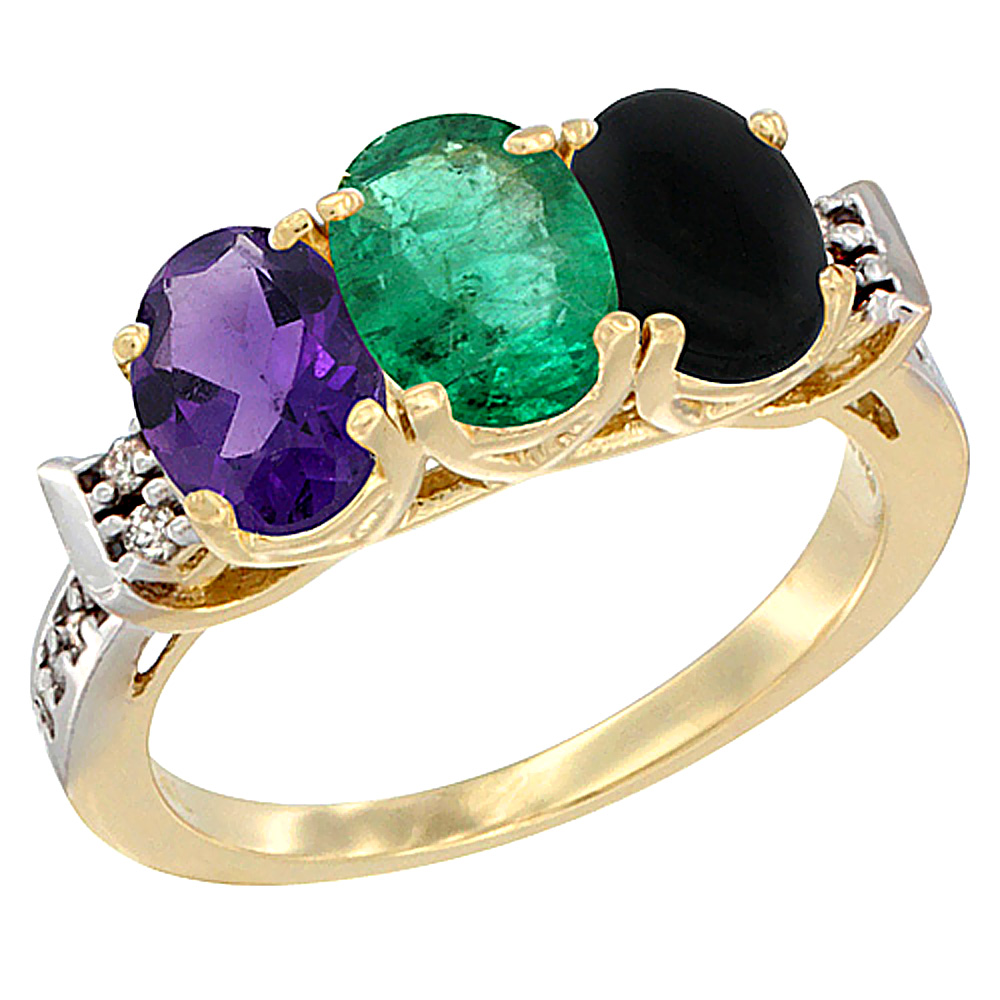 14K Yellow Gold Natural Amethyst, Emerald & Black Onyx Ring 3-Stone 7x5 mm Oval Diamond Accent, sizes 5 - 10