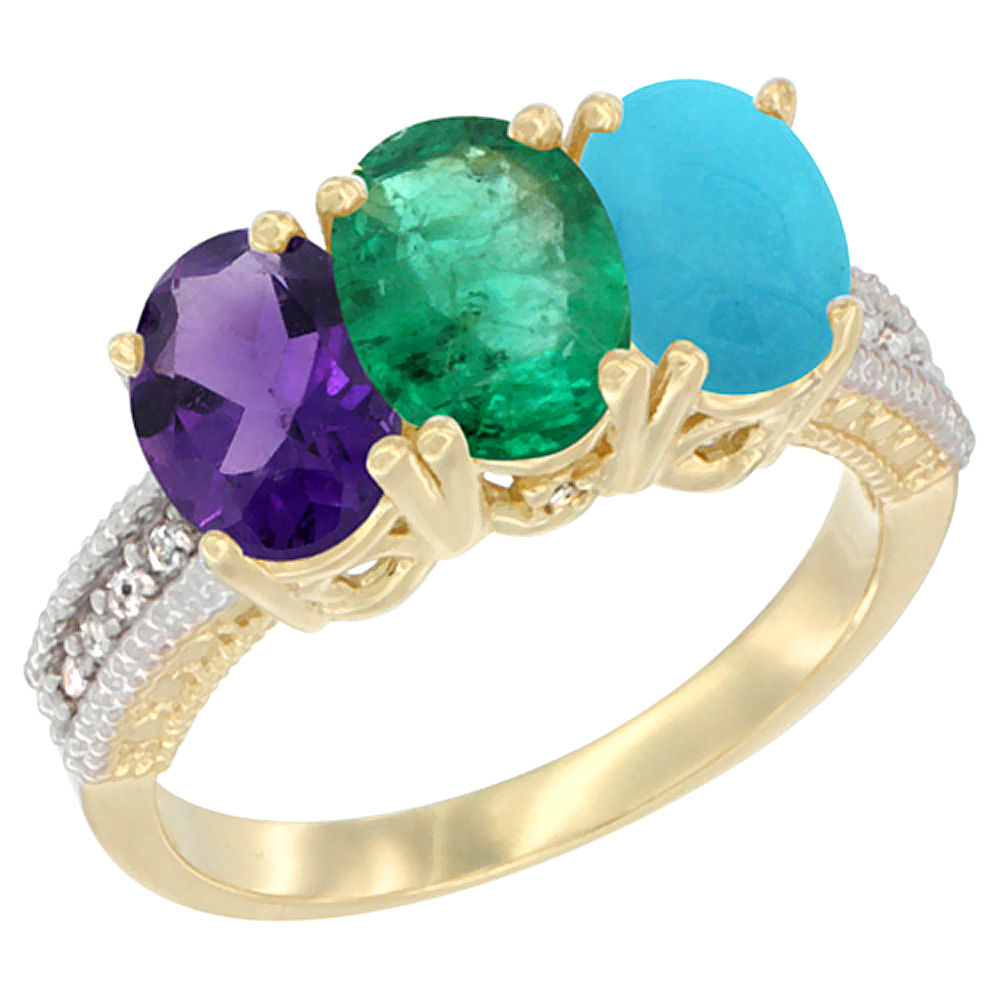 14K Yellow Gold Natural Amethyst, Emerald & Turquoise Ring 3-Stone 7x5 mm Oval Diamond Accent, sizes 5 - 10