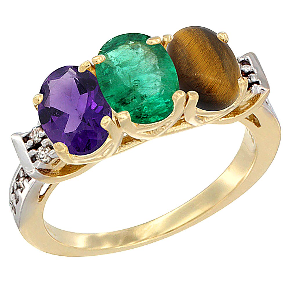 14K Yellow Gold Natural Amethyst, Emerald & Tiger Eye Ring 3-Stone 7x5 mm Oval Diamond Accent, sizes 5 - 10