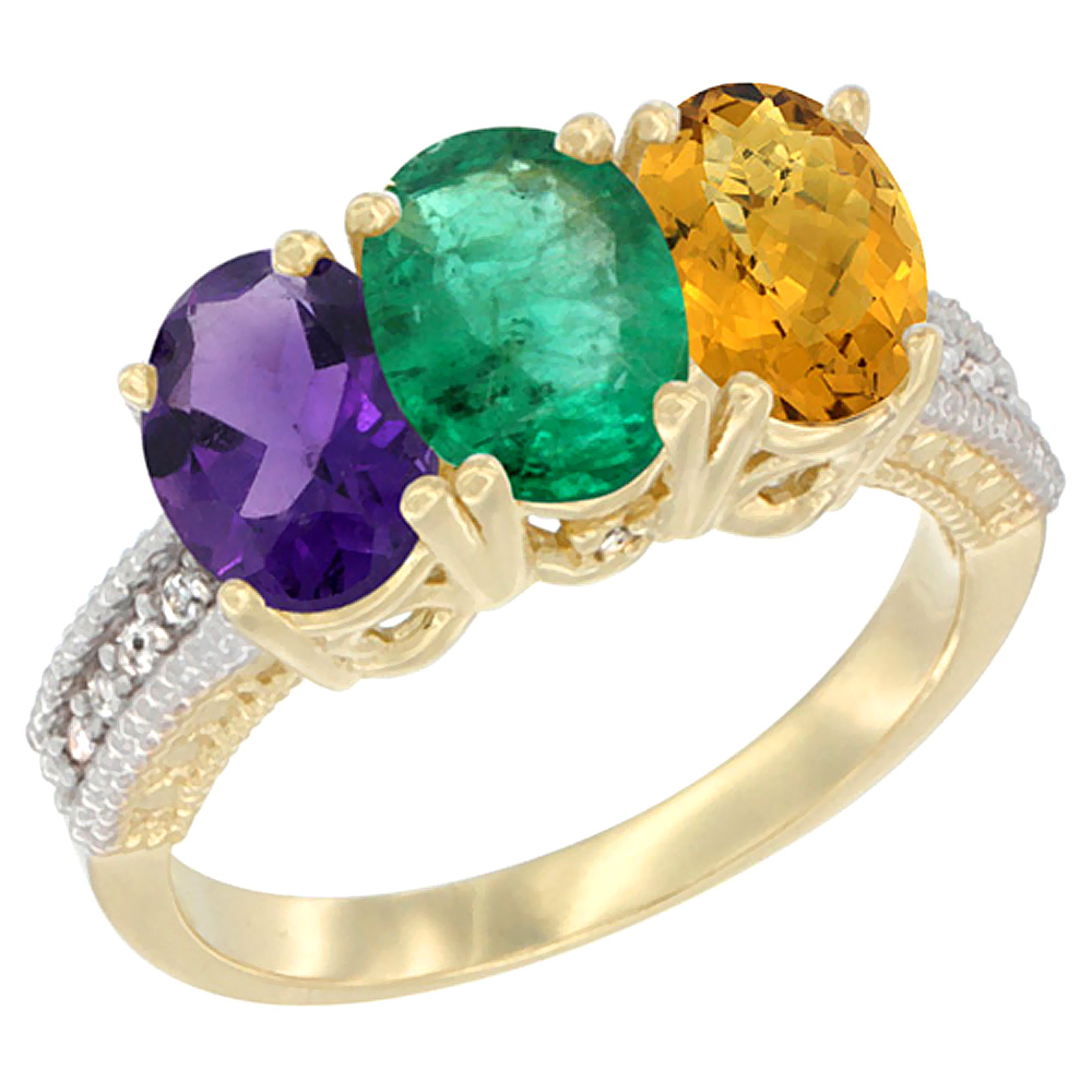 14K Yellow Gold Natural Amethyst, Emerald &amp; Whisky Quartz Ring 3-Stone 7x5 mm Oval Diamond Accent, sizes 5 - 10