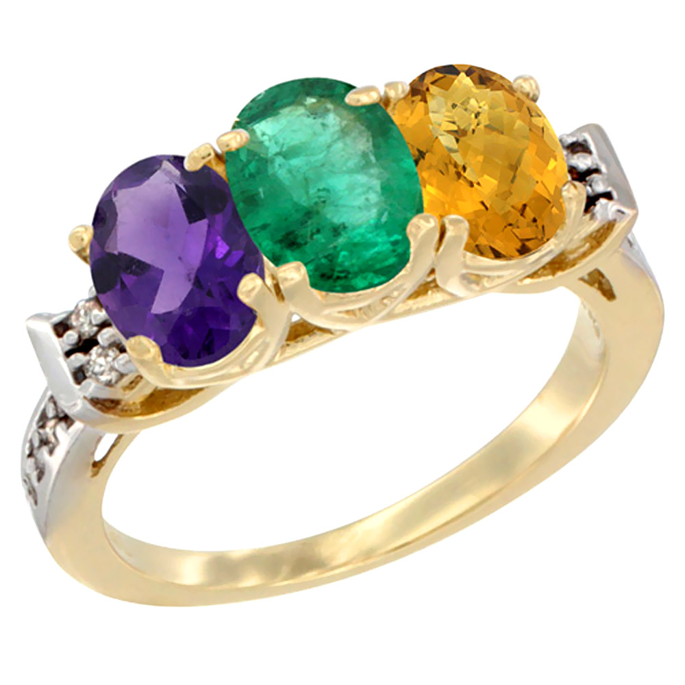 10K Yellow Gold Natural Amethyst, Emerald &amp; Whisky Quartz Ring 3-Stone Oval 7x5 mm Diamond Accent, sizes 5 - 10