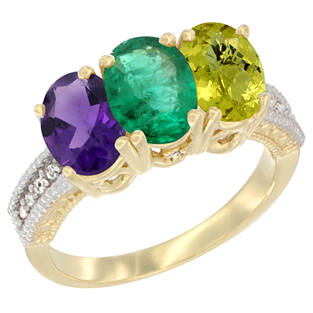 14K Yellow Gold Natural Amethyst, Emerald & Lemon Quartz Ring 3-Stone 7x5 mm Oval Diamond Accent, sizes 5 - 10