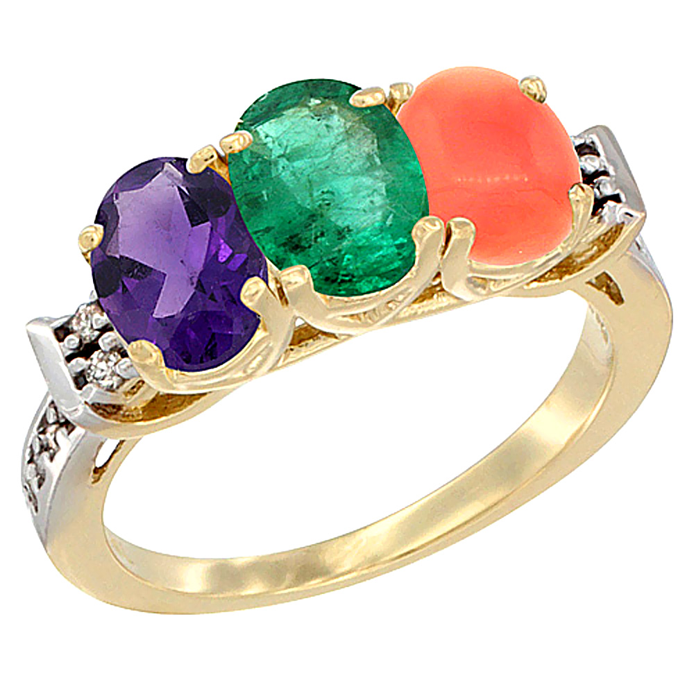 14K Yellow Gold Natural Amethyst, Emerald & Coral Ring 3-Stone 7x5 mm Oval Diamond Accent, sizes 5 - 10