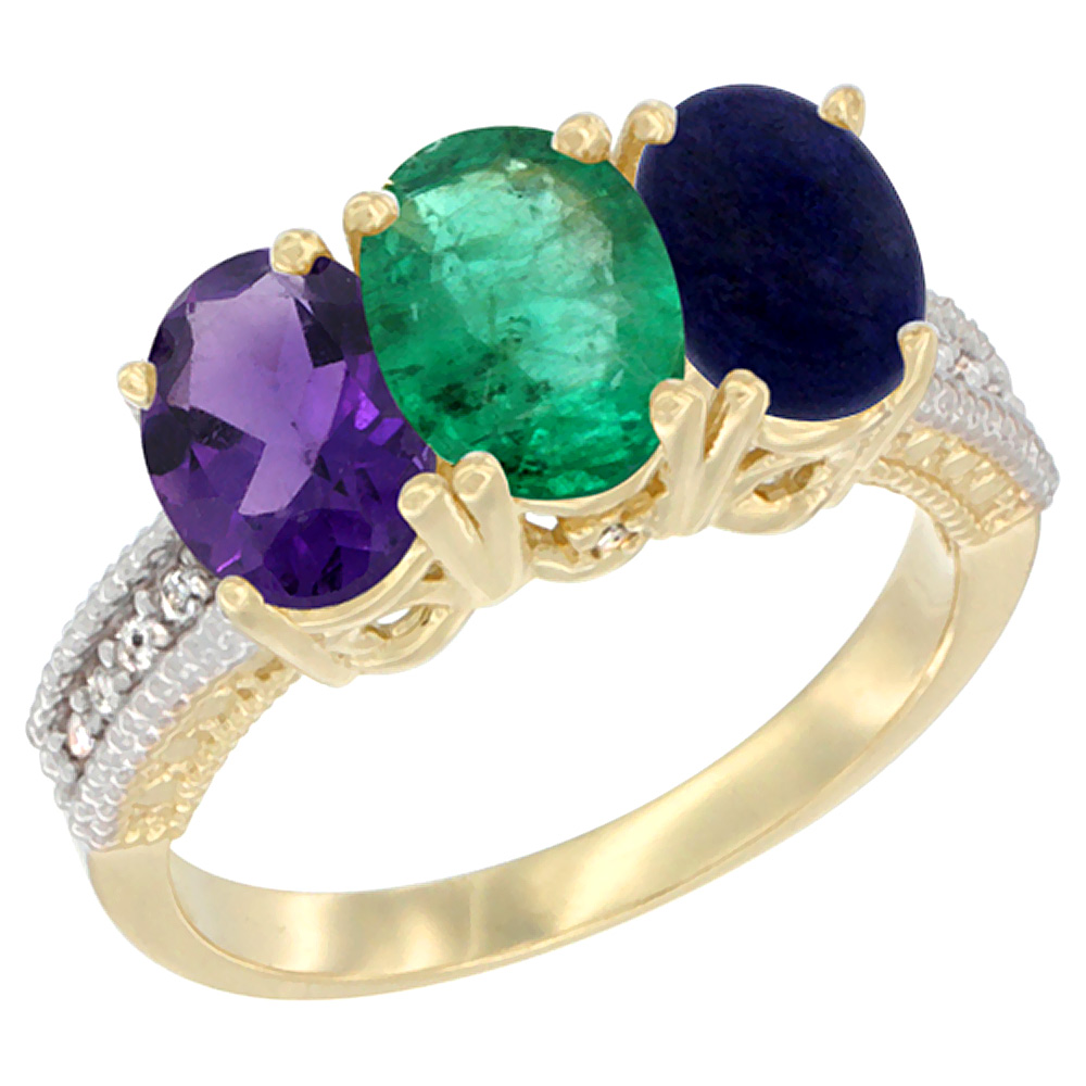 14K Yellow Gold Natural Amethyst, Emerald & Lapis Ring 3-Stone 7x5 mm Oval Diamond Accent, sizes 5 - 10