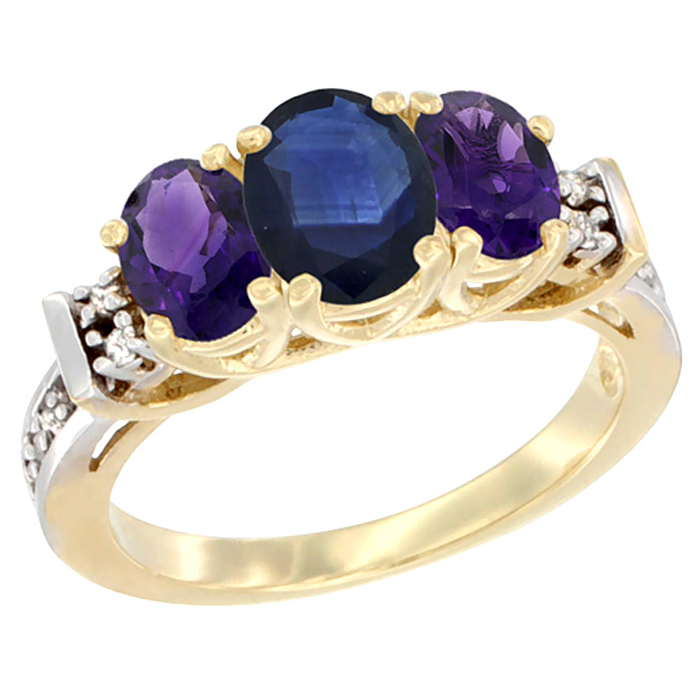 14K Yellow Gold Natural Blue Sapphire &amp; Amethyst Ring 3-Stone Oval Diamond Accent