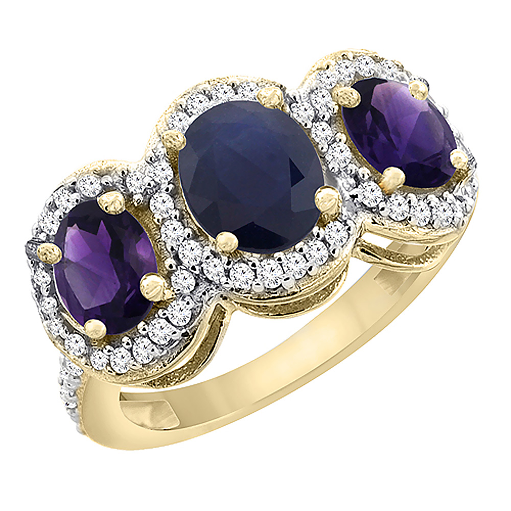 10K Yellow Gold Natural Blue Sapphire &amp; Amethyst 3-Stone Ring Oval Diamond Accent, sizes 5 - 10