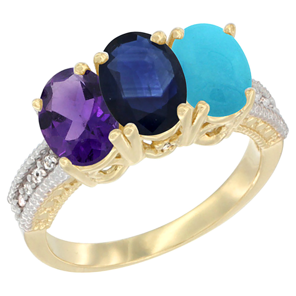 10K Yellow Gold Diamond Natural Amethyst, Blue Sapphire &amp; Turquoise Ring Oval 3-Stone 7x5 mm,sizes 5-10