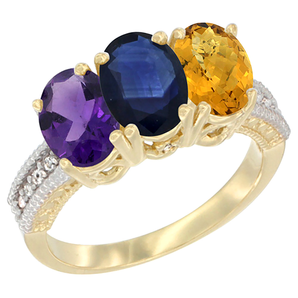 14K Yellow Gold Natural Amethyst, Blue Sapphire &amp; Whisky Quartz Ring 3-Stone 7x5 mm Oval Diamond Accent, sizes 5 - 10