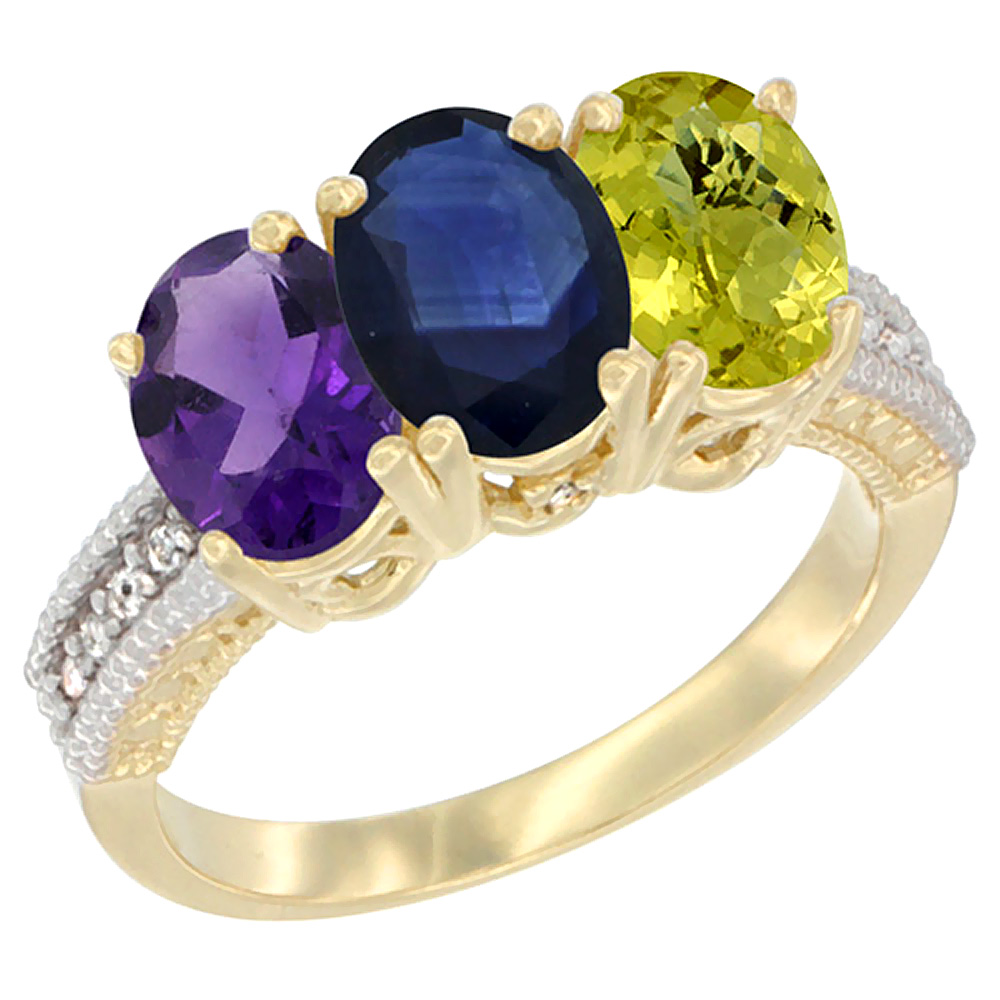 14K Yellow Gold Natural Amethyst, Blue Sapphire &amp; Lemon Quartz Ring 3-Stone 7x5 mm Oval Diamond Accent, sizes 5 - 10