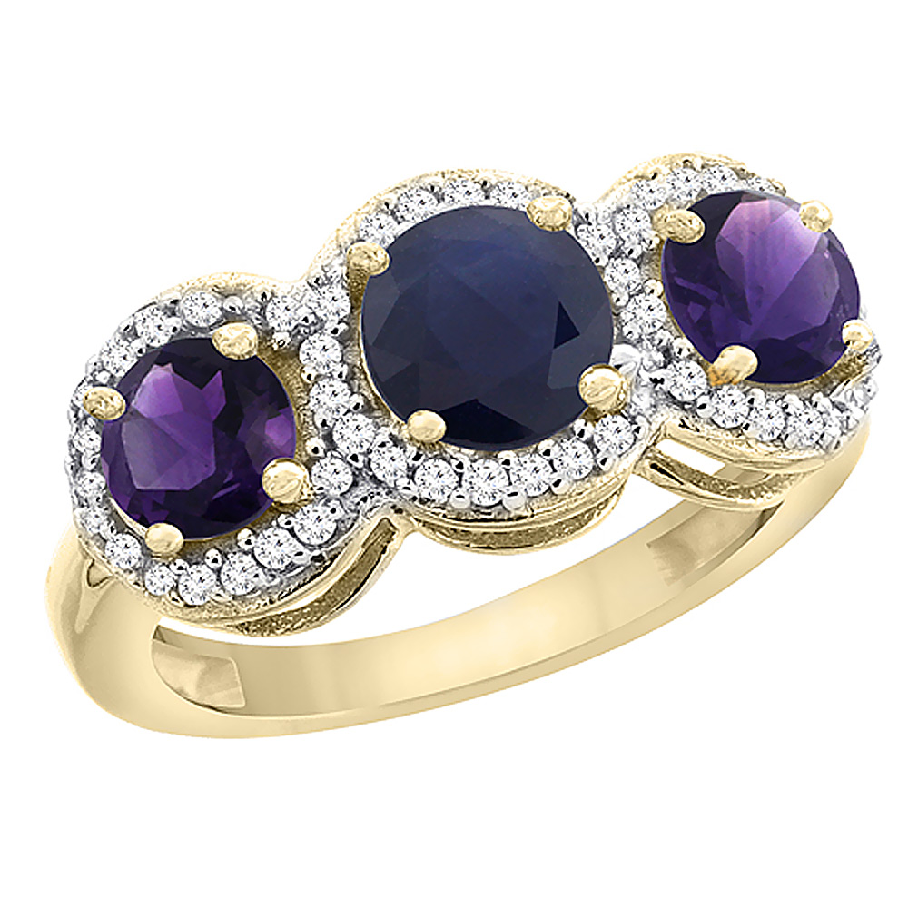 14K Yellow Gold Natural High Quality Blue Sapphire &amp; Amethyst Sides Round 3-stone Ring Diamond Accents, sizes 5 - 10
