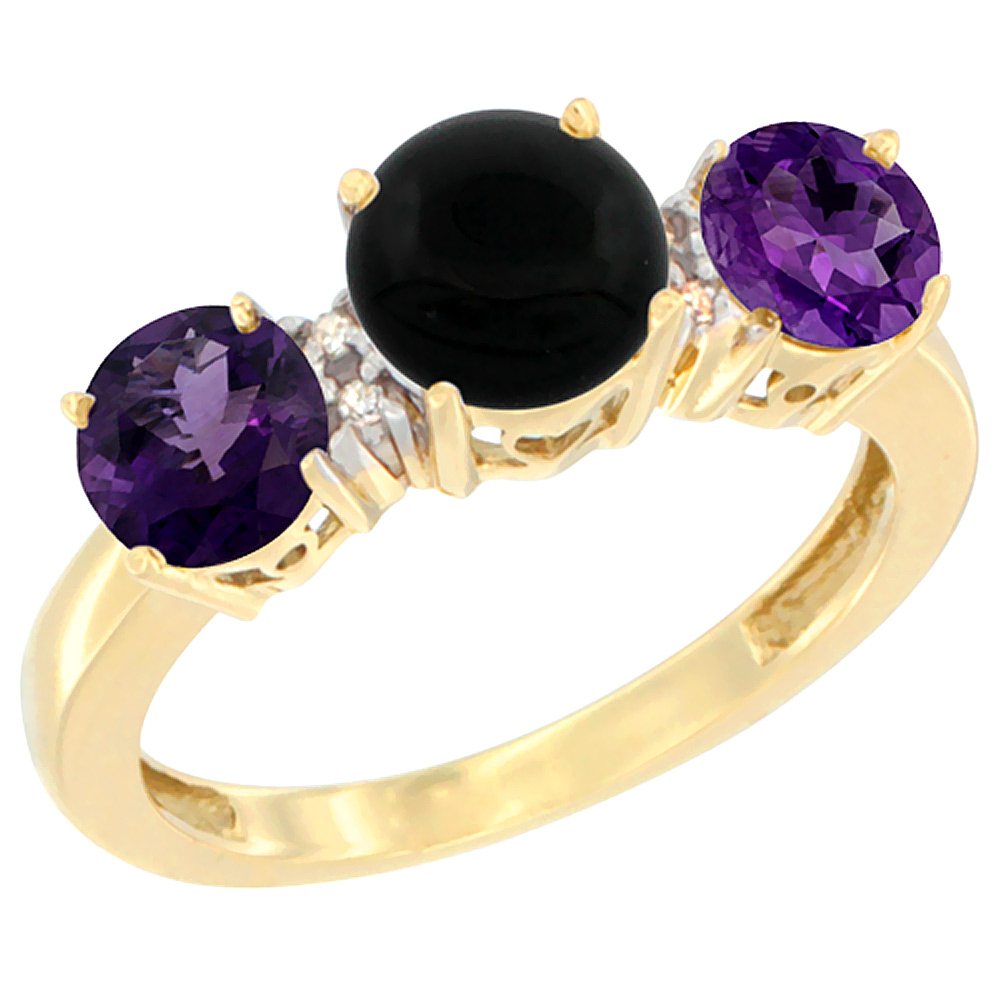10K Yellow Gold Round 3-Stone Natural Black Onyx Ring &amp; Amethyst Sides Diamond Accent, sizes 5 - 10