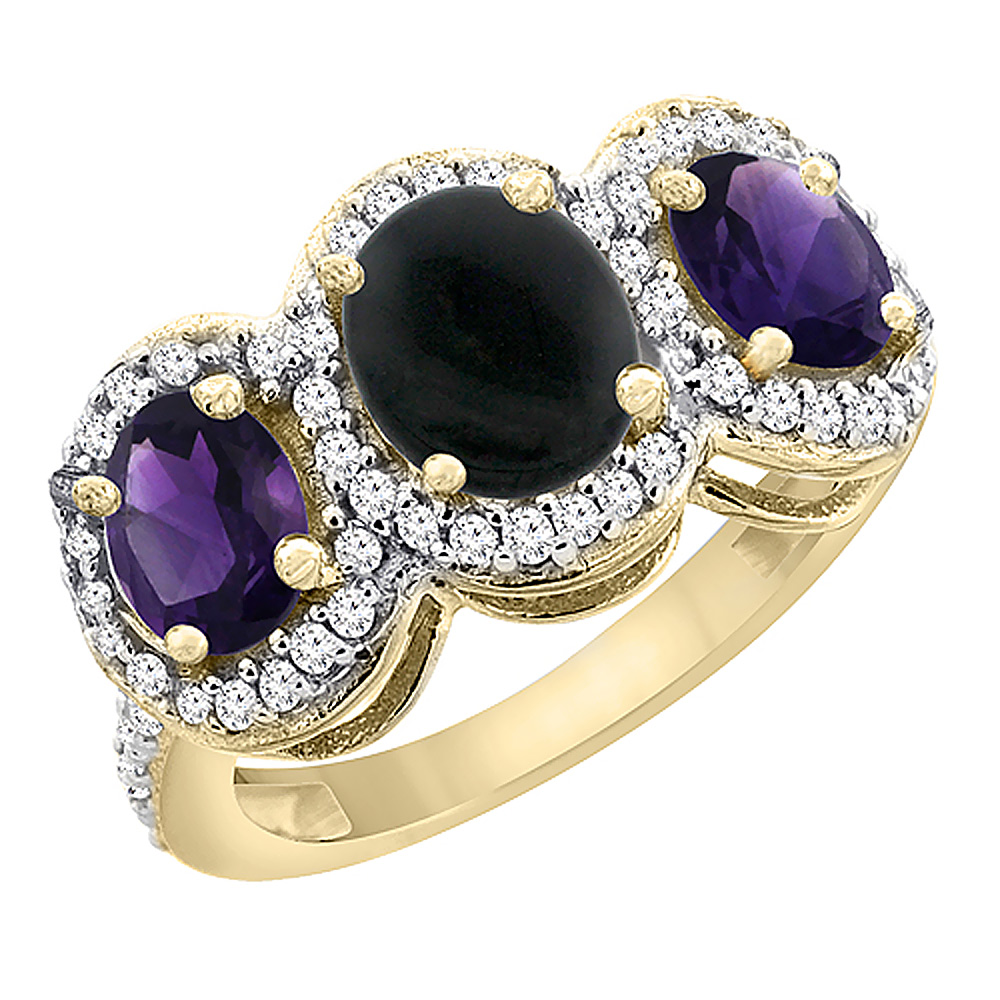 10K Yellow Gold Natural Black Onyx &amp; Amethyst 3-Stone Ring Oval Diamond Accent, sizes 5 - 10
