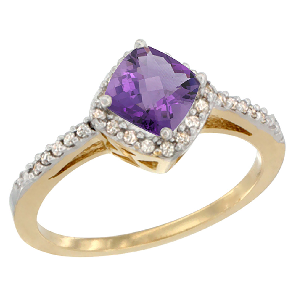 10K Yellow Gold Diamond Halo Genuine Amethyst Ring Cushion-cut 6mm Accent sizes 5 - 10