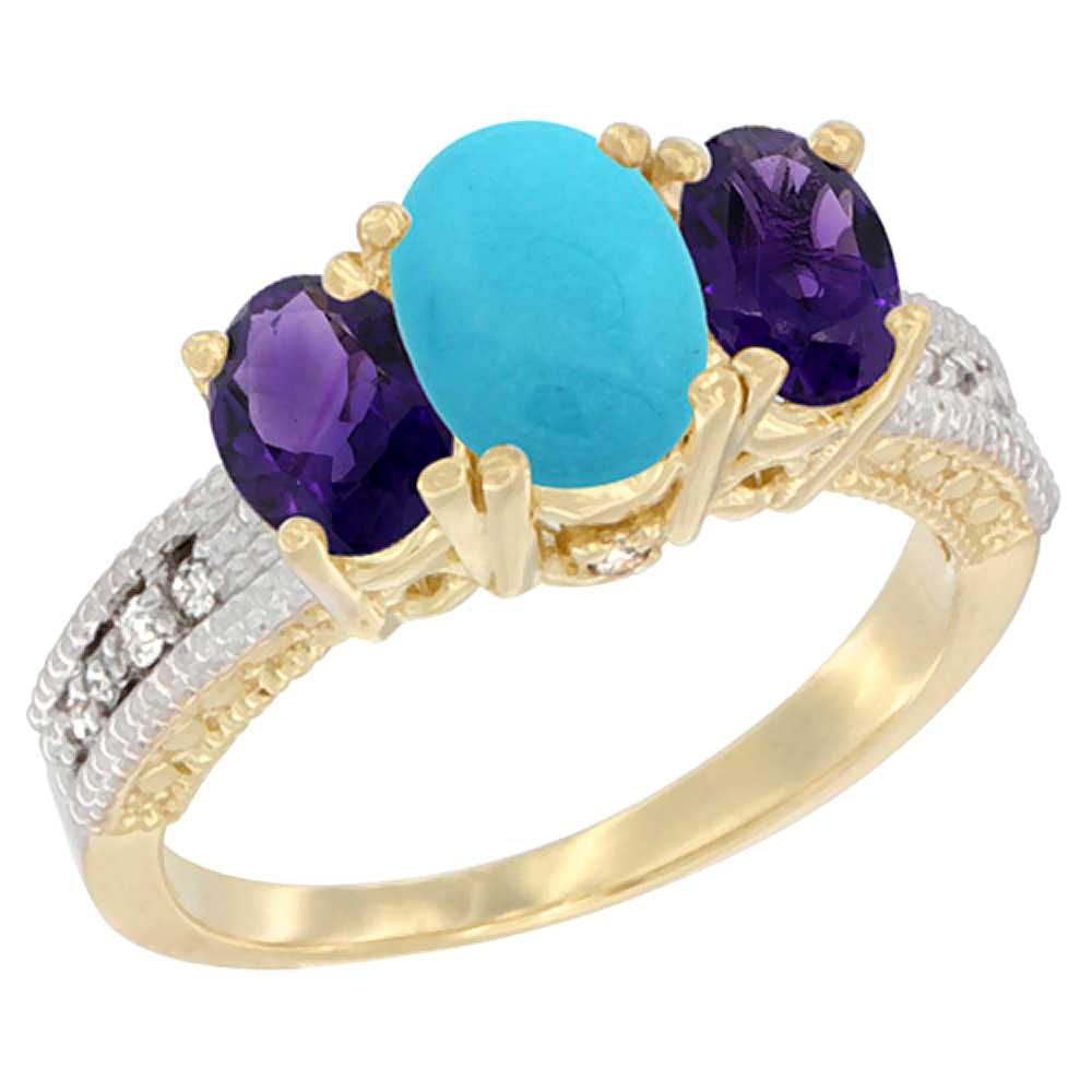 14K Yellow Gold Diamond Natural Turquoise Ring Oval 3-stone with Amethyst, sizes 5 - 10