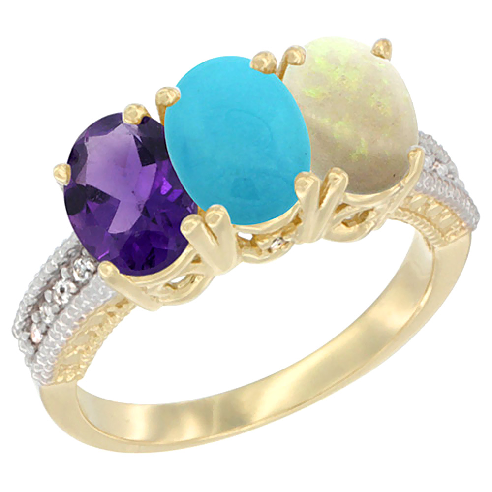 14K Yellow Gold Natural Amethyst, Turquoise &amp; Opal Ring 3-Stone 7x5 mm Oval Diamond Accent, sizes 5 - 10
