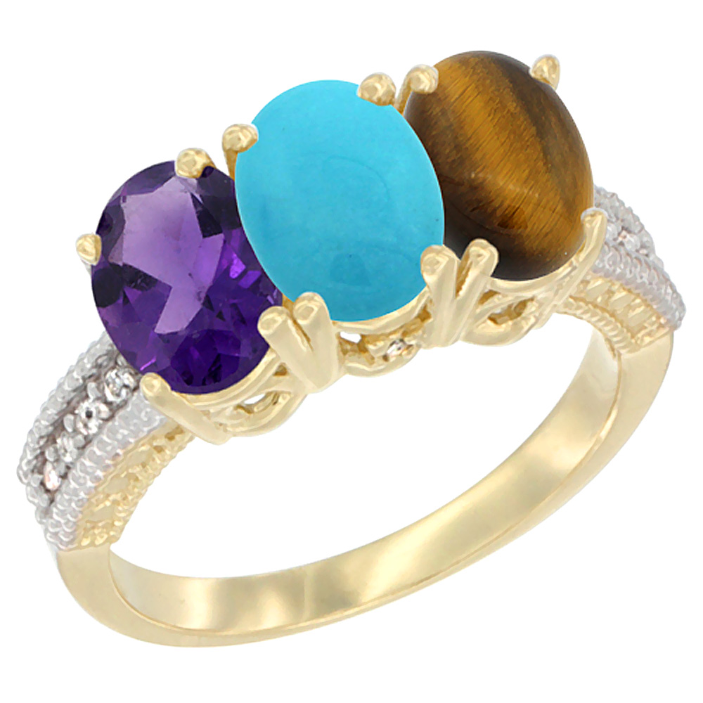 10K Yellow Gold Diamond Natural Amethyst, Turquoise &amp; Tiger Eye Ring Oval 3-Stone 7x5 mm,sizes 5-10