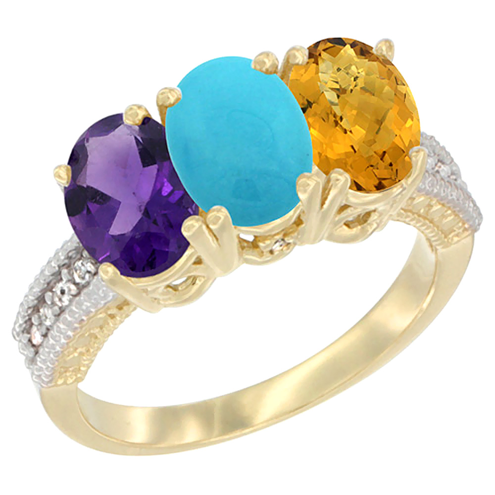 14K Yellow Gold Natural Amethyst, Turquoise &amp; Whisky Quartz Ring 3-Stone 7x5 mm Oval Diamond Accent, sizes 5 - 10
