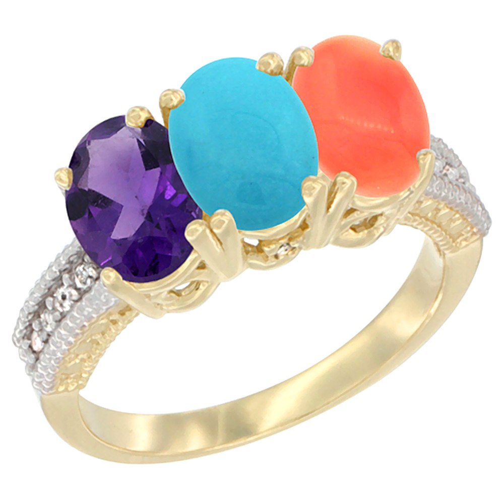 14K Yellow Gold Natural Amethyst, Turquoise &amp; Coral Ring 3-Stone 7x5 mm Oval Diamond Accent, sizes 5 - 10
