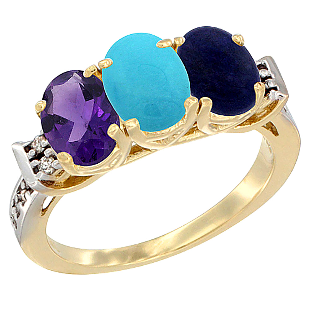 14K Yellow Gold Natural Amethyst, Turquoise &amp; Lapis Ring 3-Stone 7x5 mm Oval Diamond Accent, sizes 5 - 10