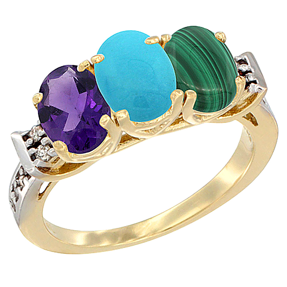 14K Yellow Gold Natural Amethyst, Turquoise &amp; Malachite Ring 3-Stone 7x5 mm Oval Diamond Accent, sizes 5 - 10